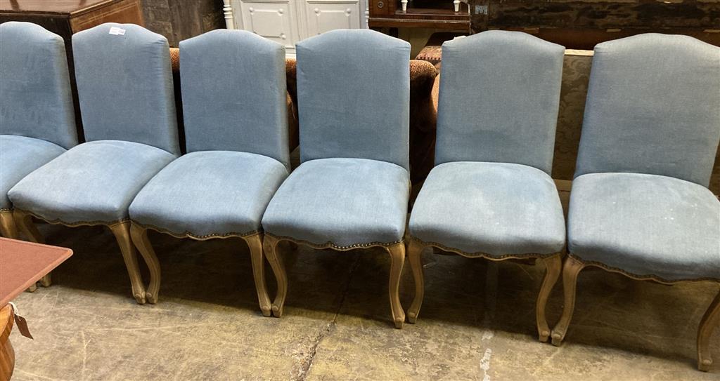 A set of six blue linen covered dining chairs, width 50cm depth 50cm height 94cm